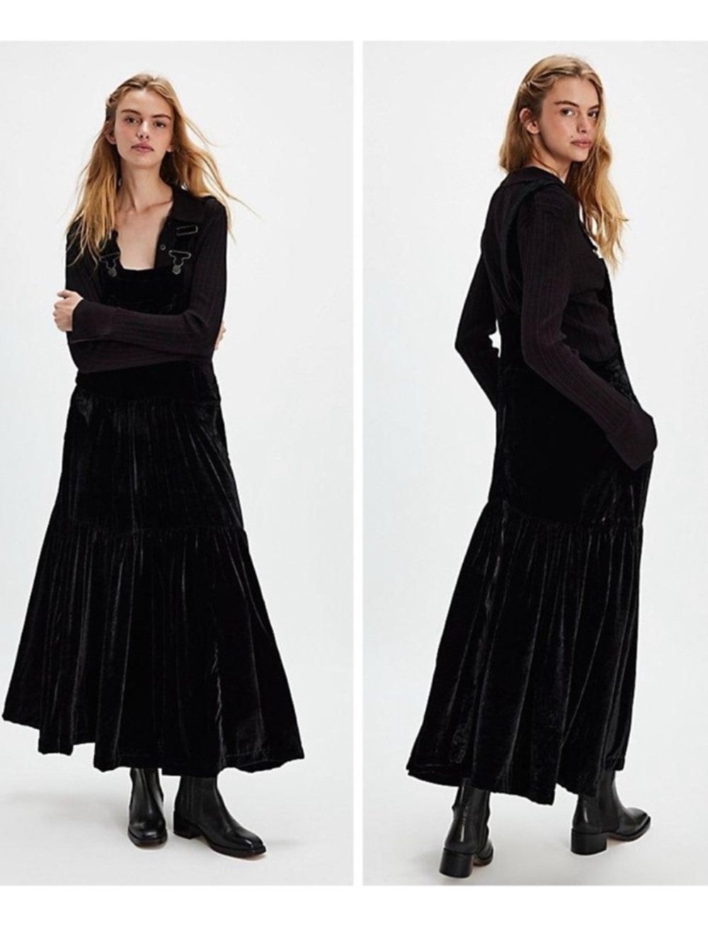 Free People Moonbeam Skirtall Maxi Dress Velvet Bohemian Witchy Goth Black SZ S